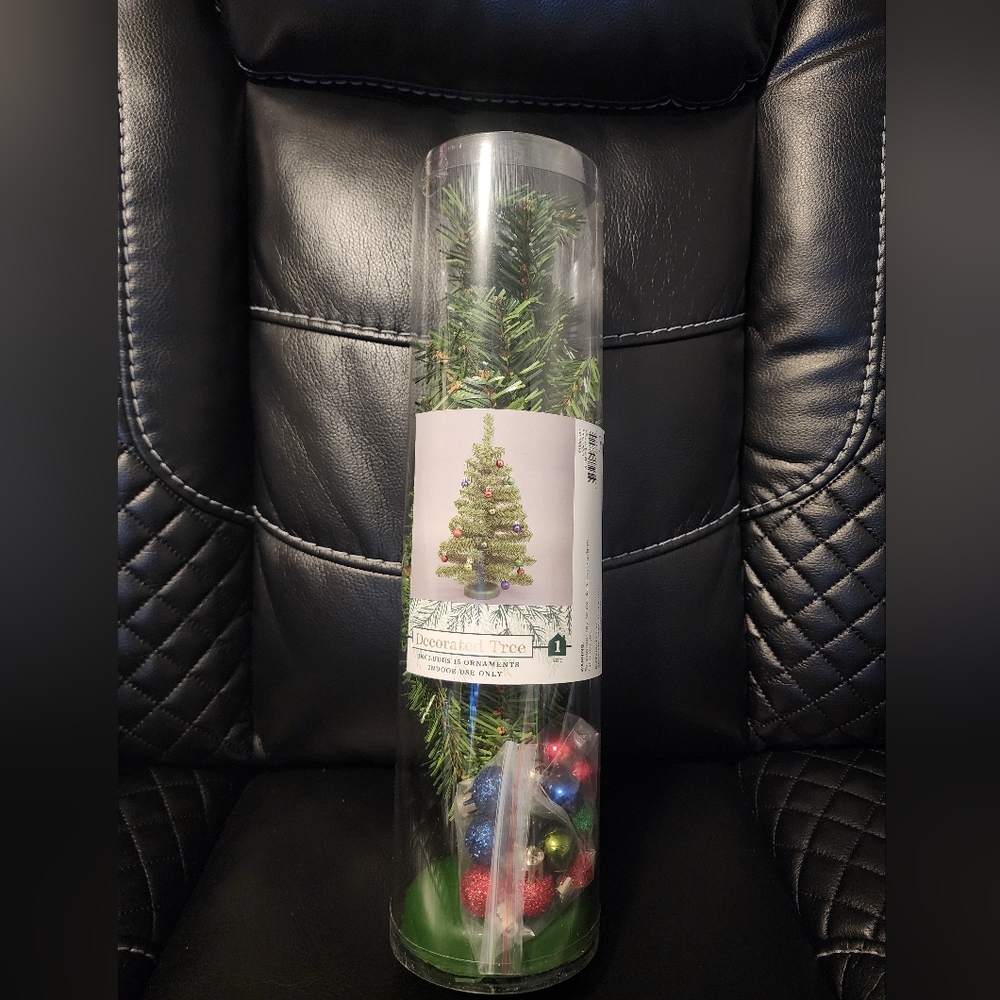 Target Mini  16 inch green Christmas tree with plastic stand and 15 orna…